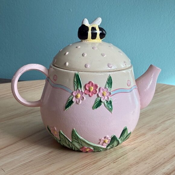 Vintage Miniature Tea Set Garden Pink Floral Bee Midwest Imports of Canon Falls - Picture 3 of 16